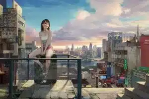 女孩 城镇 天空 朝阳 行李箱 5K高清动漫壁纸 4K手机壁纸