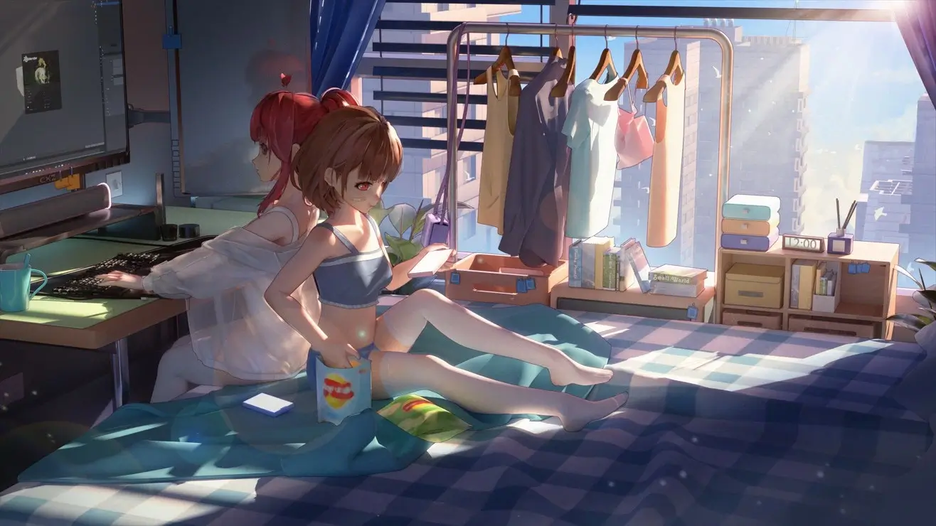 女孩 阳光房间 衣架 床铺 电脑 4K壁纸 高清3D